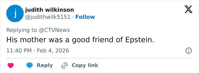 Tweet by user judith wilkinson replying to CTVNews about Epstein, shown on a social media interface with timestamp and engagement options visible.