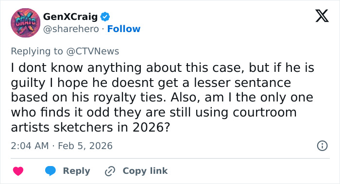 Tweet discussing Son of Norway's Crown Princess breaking down in court over videos shown as proof of crimes and courtroom sketches.