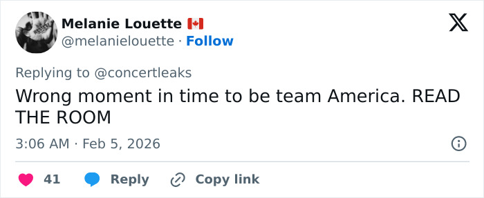 Screenshot of a tweet criticizing Tate McRae&rsquo;s involvement in Team USA Olympics ad amid nationality debate.