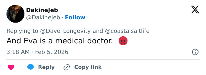 Tweet from user DakineJeb stating Eva is a medical doctor with angry emoji, highlighting Epstein obsession details.
