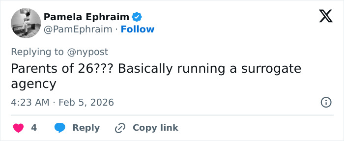 Tweet showing a user commenting on a surrogacy case involving a couple with 26 children, referencing surrogate lawsuit details.