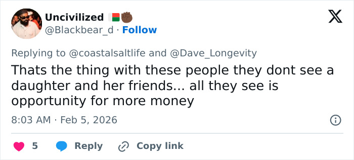 Tweet discussing money motives, highlighting disturbing details about Epstein&rsquo;s obsession with ex-girlfriend&rsquo;s daughter.