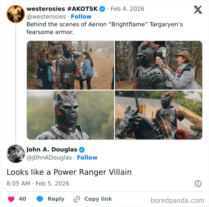 Behind the scenes of Aerion Targaryen’s armor with fans roasting the new villain from A Knight Of The Seven Kingdoms. Behind the scenes of Aerion Targaryen’s armor with fans roasting the new villain from A Knight Of The Seven Kingdoms.