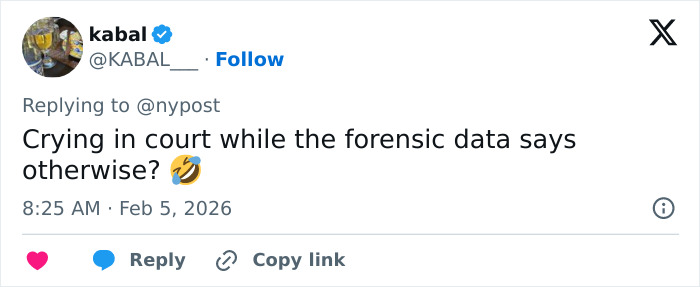 Tweet showing a user commenting on son of Norway's Crown Princess breaking down in court over videos as proof of crimes.