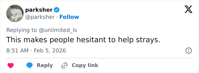 Tweet reply by user parksher expressing concern that the vet tech charged and fired for rescuing a dog discourages helping strays.