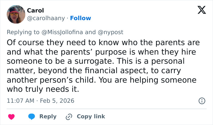 Tweet discussing the importance of knowing the parents' background in surrogate agreements and personal aspects of surrogacy.
