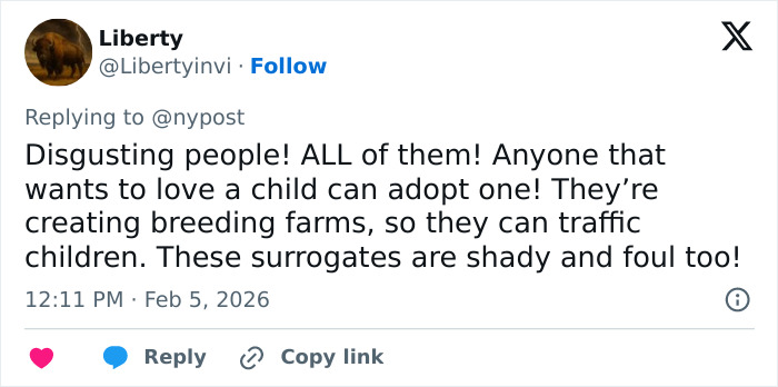 Tweet criticizing surrogates and couples involved, mentioning surrogates and child trafficking concerns.
