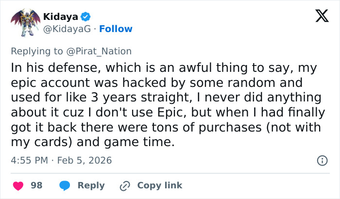 Screenshot of a Twitter reply discussing an epic account hack, linked to the viral theory about Epstein and Fortnite claims.