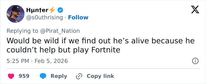 Tweet discussing a viral theory claiming Epstein may still be alive linked to Fortnite gameplay comments.