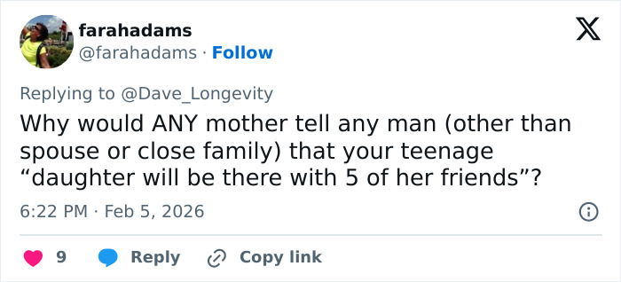 Tweet screenshot showing a user questioning a mother sharing details about her teenage daughter and friends, linked to Epstein obsession.