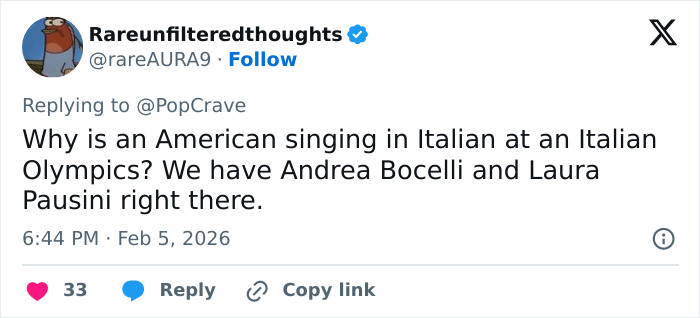 User tweet criticizing Mariah Carey singing in Italian at 2026 Winter Games opening ceremony backlash discussion.