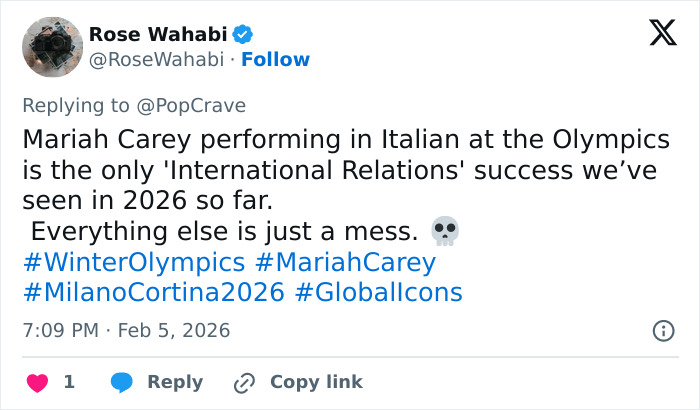 Tweet discussing Mariah Carey's performance and backlash during the 2026 Winter Games opening ceremony.