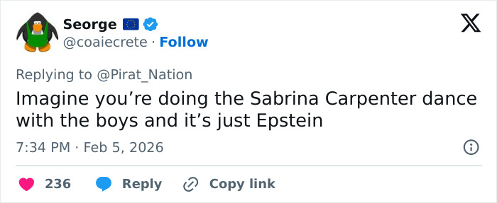 Tweet text discussing Epstein in relation to Fortnite dance, highlighting a viral theory about Epstein still being alive.
