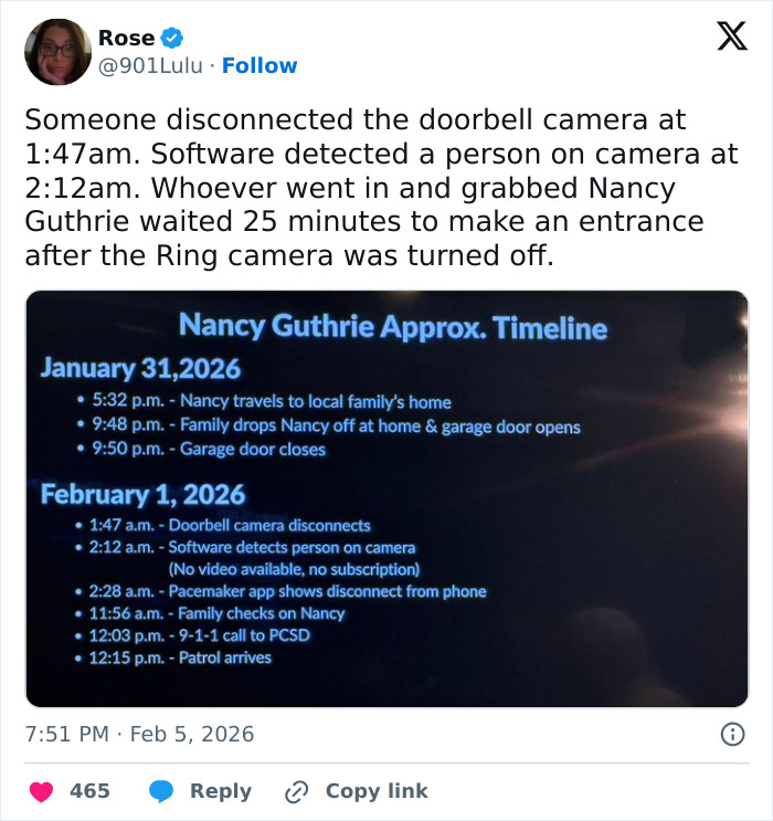 Tweet discussing Nancy Guthrie's disappearance timeline with details on doorbell camera disconnection and software detecting a person.