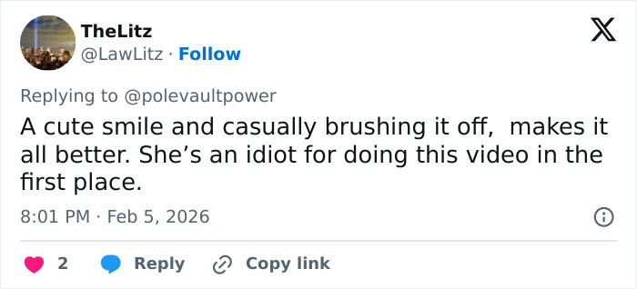 Tweet criticizing Olympic pole vaulter and adult content star Alysha Newman for violating rules and facing suspension.