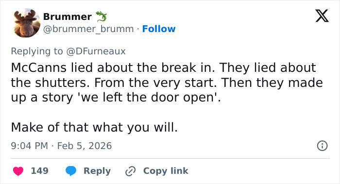 Tweet discussing McCanns' alleged lies about break-in, linked to viral post comparing Ghislaine Maxwell to Madeleine McCann abductor. Tweet discussing McCanns' alleged lies about break-in, linked to viral post comparing Ghislaine Maxwell to Madeleine McCann abductor.