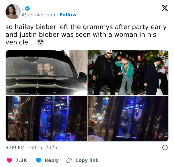 Justin Bieber seen leaving Grammys with another woman while fans react to his departure from wife Hailey.