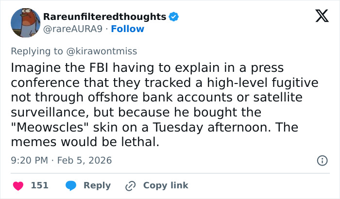 Tweet discussing FBI tracking a fugitive linked to Fortnite Meowscles skin, hinting at Epstein viral theory claims.