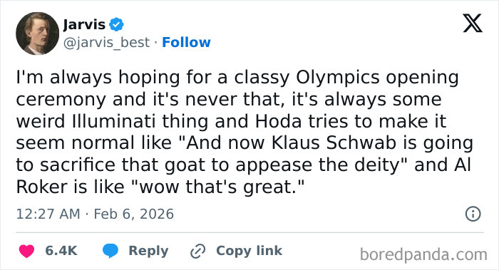 Tweet poking fun at the 2026 Winter Olympics opening ceremony with humorous and savage commentary on its odd moments.