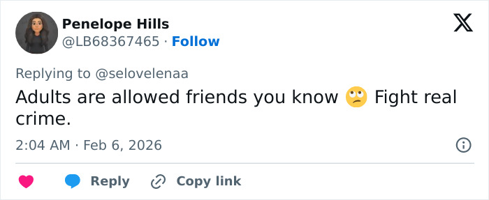Tweet screenshot showing a user responding to a comment, discussing adults having friends and urging to fight real crime.