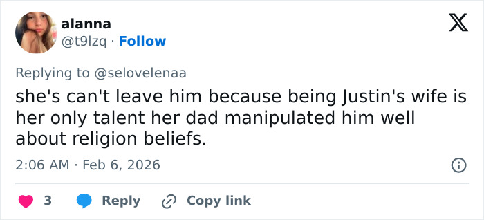 Twitter reply criticizing Justin Bieber&rsquo;s wife, mentioning manipulation and religion beliefs in a casual online discussion.