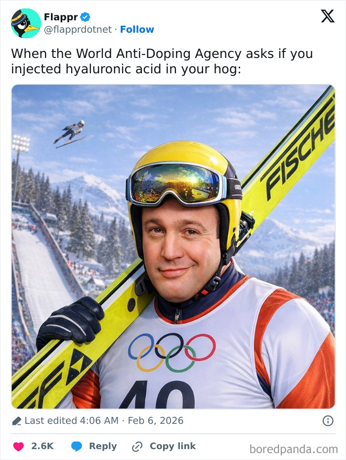 Humorous tweet about the 2026 Winter Olympics featuring a ski jumper with Olympic gear and mountains behind.