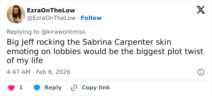 Screenshot of a tweet discussing viral theory claims about Epstein still alive tied to a Fortnite connection.