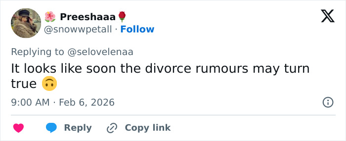 Tweet reacting to divorce rumors about Justin Bieber and Hailey amid Grammys controversy, posted by user Preeshaaa.