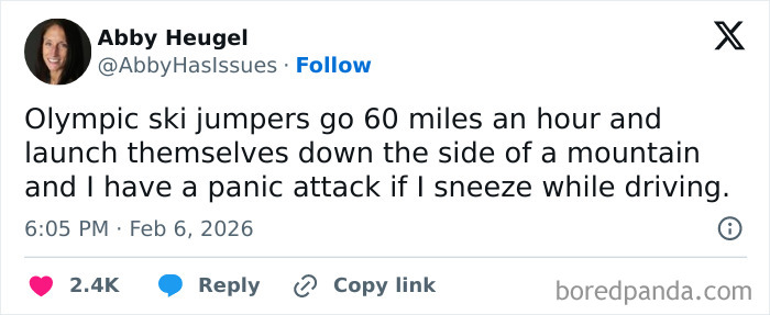Tweet humorously comparing Olympic ski jumpers' speed and risks to panic attacks, highlighting funny 2026 Winter Olympics moments.