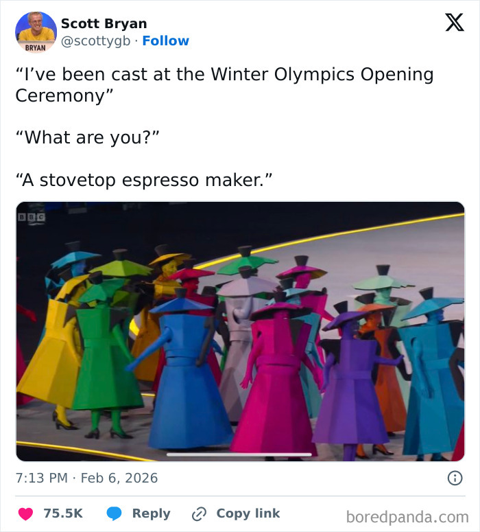Tweet humor about the 2026 Winter Olympics showing colorful costumes resembling stovetop espresso makers.
