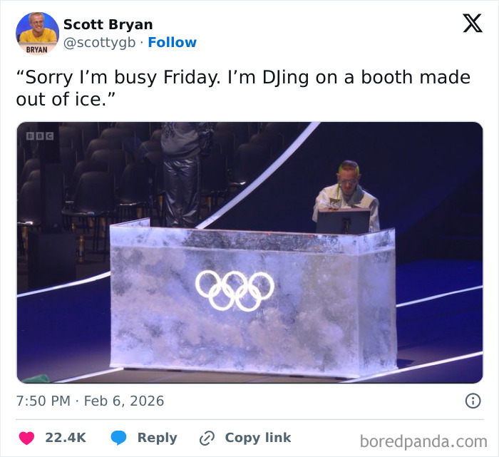 Tweet about DJing on an ice booth at 2026 Winter Olympics, featuring Olympic rings on the ice DJ booth.