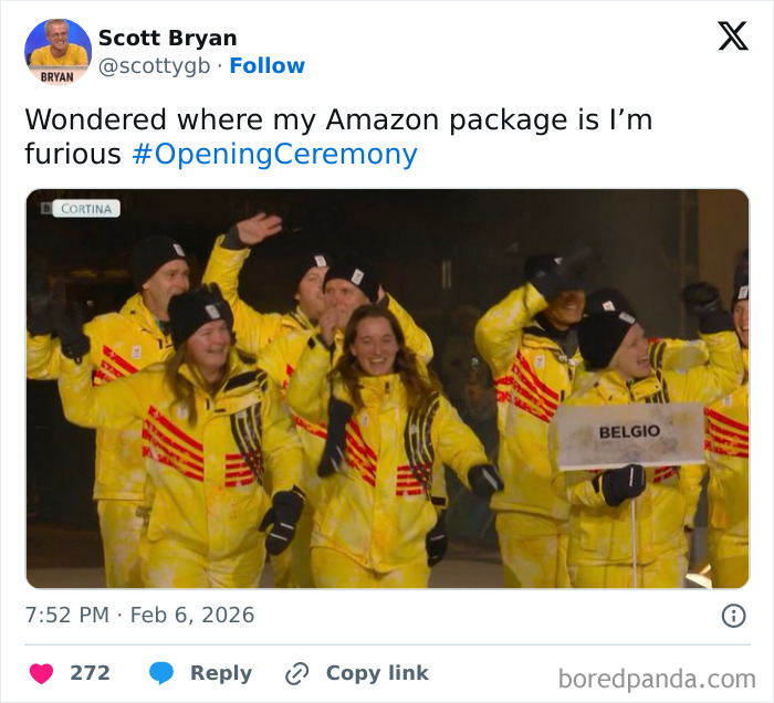 Group of athletes in yellow uniforms laughing and waving during the 2026 Winter Olympics opening ceremony parade.