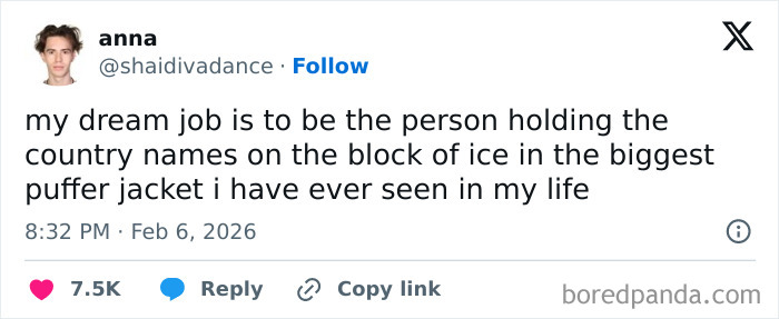 Tweet joking about the 2026 Winter Olympics and the oversized puffer jacket worn while holding country names on ice.