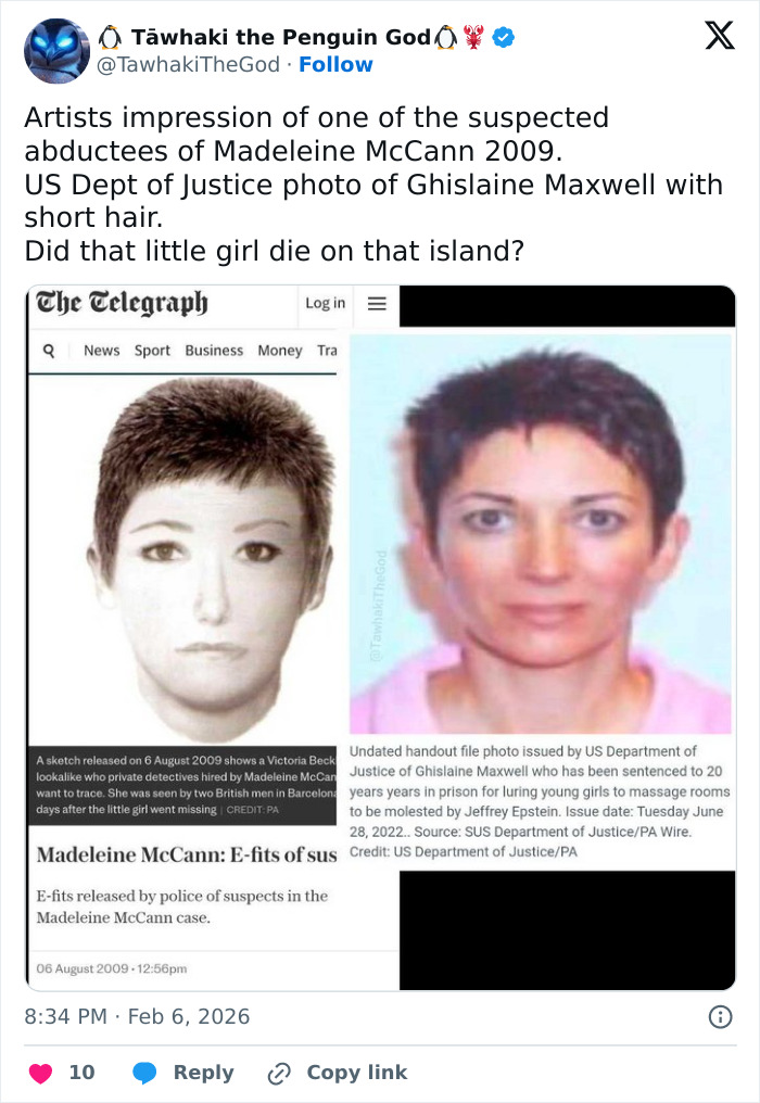 Side-by-side images comparing Ghislaine Maxwell US Justice photo with Madeleine McCann abductor sketch from 2009 case. Side-by-side images comparing Ghislaine Maxwell US Justice photo with Madeleine McCann abductor sketch from 2009 case.