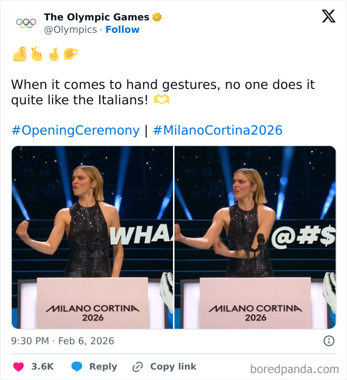Tweet from the 2026 Winter Olympics showing a woman using Italian hand gestures during the Milano Cortina 2026 opening ceremony.