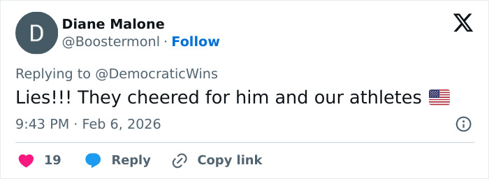 Tweet by Diane Malone responding to JD Vance being booed at Winter Olympics inauguration, defending athletes and support.