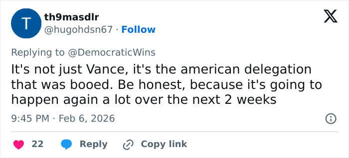 Tweet discussing JD Vance and the American delegation being booed at the Winter Olympics inauguration ceremony.