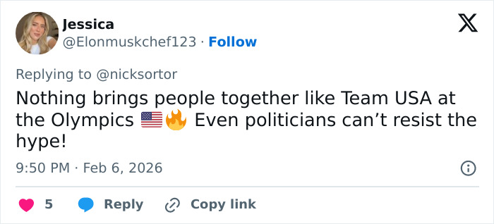 Twitter post praising Team USA at the Olympics, mentioning athletes and political enthusiasm during the Winter Olympics.