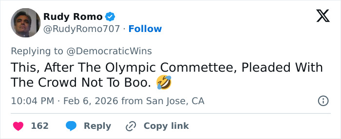 Tweet from Rudy Romo about Olympic Committee asking crowd not to boo at Winter Olympics inauguration ceremony.