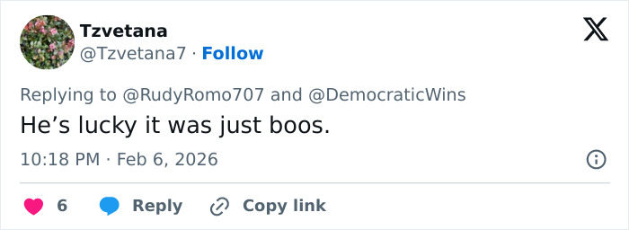 Tweet reading He&rsquo;s lucky it was just boos, commenting on JD Vance getting booed at the Winter Olympics inauguration ceremony.