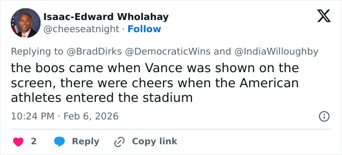 Tweet showing a discussion about JD Vance getting booed at the Winter Olympics inauguration ceremony.