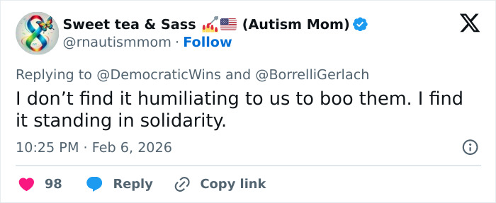 Tweet from Sweet tea & Sass on JD Vance getting booed at the Winter Olympics inauguration ceremony, expressing solidarity.