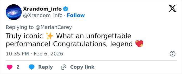 Screenshot of a tweet praising Mariah Carey's 2026 Winter Games opening ceremony performance.
