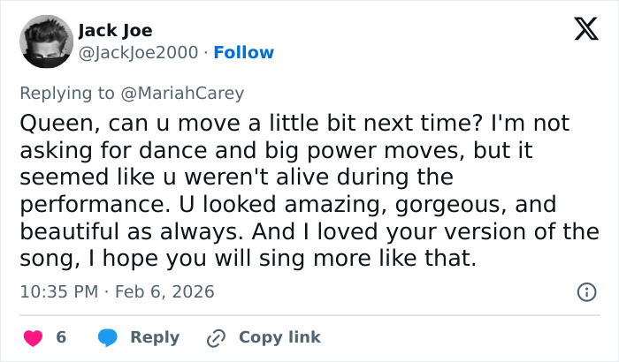 Screenshot of a tweet commenting on Mariah Carey's 2026 Winter Games opening ceremony performance backlash.