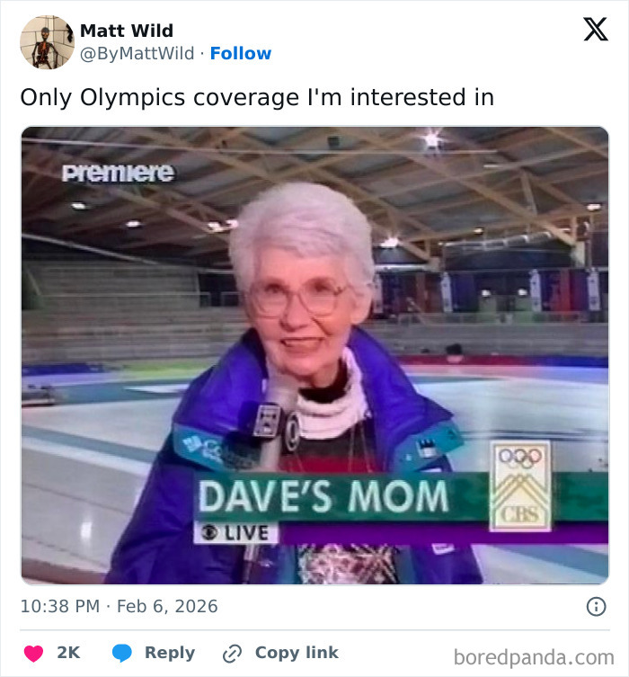 Woman reporter on ice rink wearing glasses and purple jacket, caption reads "Dave's Mom" in 2026 Winter Olympics coverage tweet.