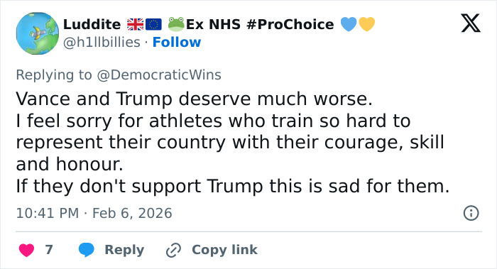 Tweet expressing sympathy for athletes and mentioning JD Vance getting booed at the Winter Olympics inauguration ceremony.