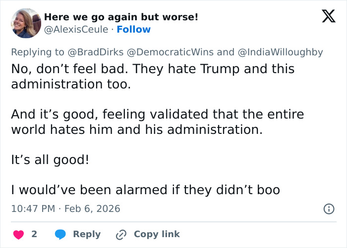 Tweet discussing JD Vance getting booed at the Winter Olympics inauguration ceremony and reactions to the event.