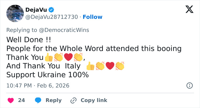 Tweet praising global attendance at Winter Olympics inauguration booing, expressing support for Ukraine and thanking Italy.