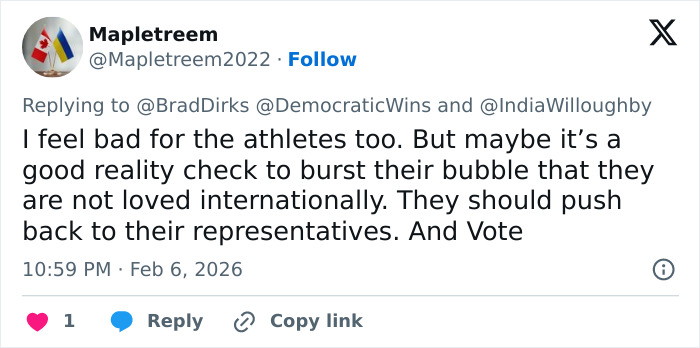 Screenshot of a tweet expressing sympathy for athletes amid JD Vance getting booed at the Winter Olympics inauguration.