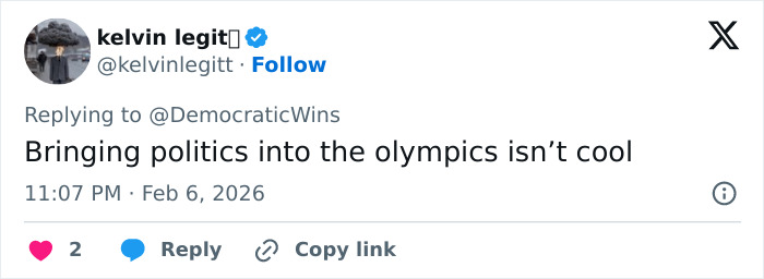 Tweet by kelvin legit criticizing politics at Olympics, stating bringing politics into the Winter Olympics is not cool.